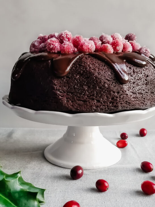 Cranberry Chocolate Fudge Bundt Cake with Chocolate Ganache & Sugared Cranberries