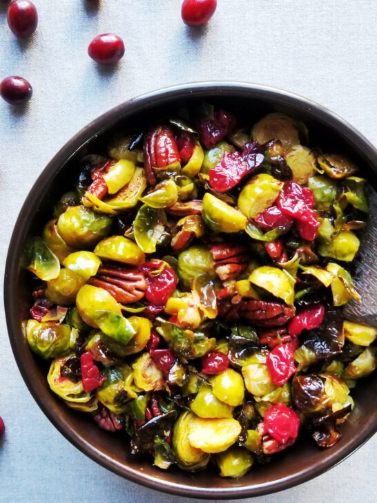 Roasted Cranberries, Brussels Sprouts and Pecans with Maple Mustard Dressing