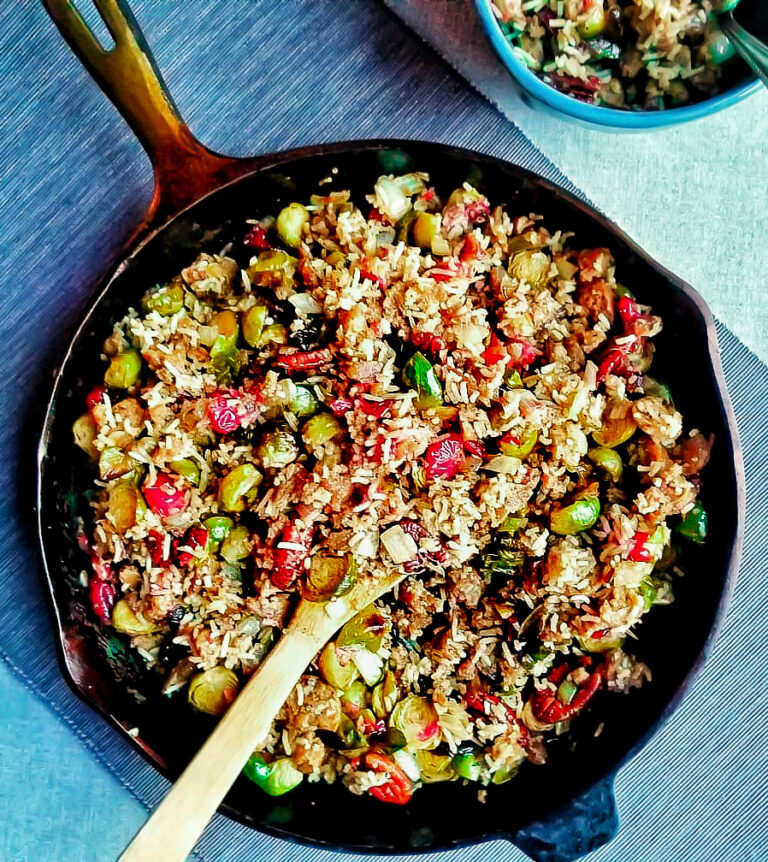 Apple Sage Vegan Sausage and Roasted Brussels Sprout Stir-Fry