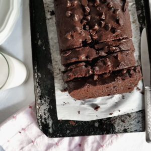 Sliced Triple Chocolate Banana Bread with Glass of Non-Dairy Milk