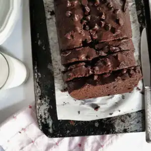 Sliced Triple Chocolate Banana Bread with Glass of Non-Dairy Milk