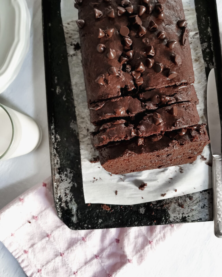Sliced Triple Chocolate Banana Bread with Glass of Non-Dairy Milk