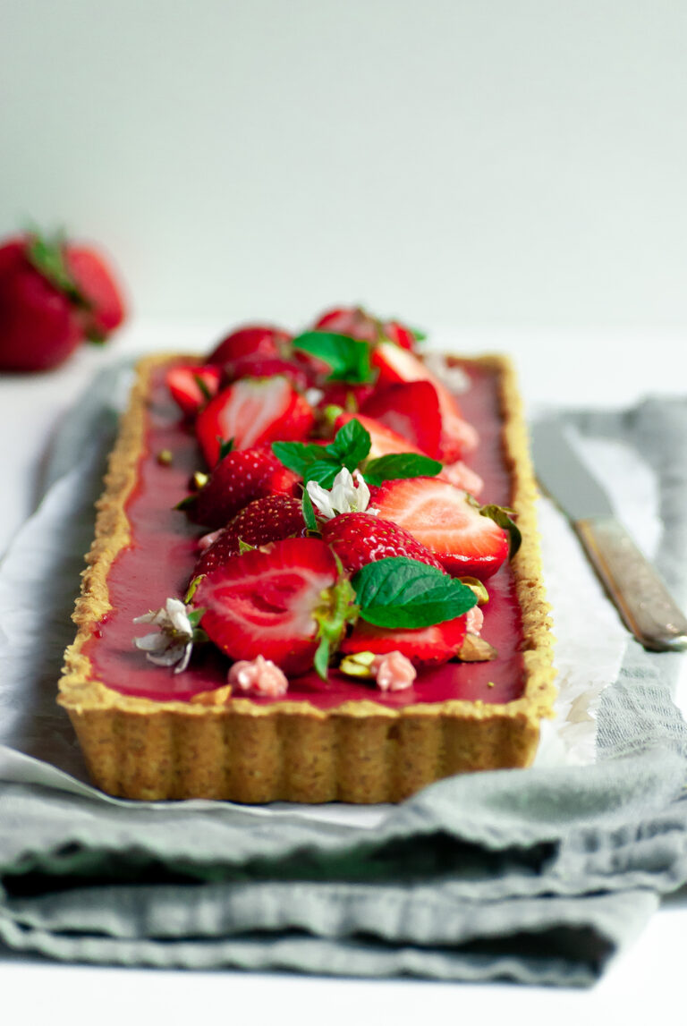 Strawberry Hibiscus Tart in a Pistachio Shortbread Crust