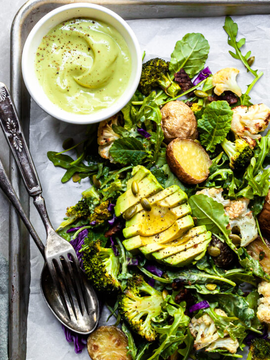 Roasted Vegetable & Kale Salad with Vegan Avocado Caesar Dressing