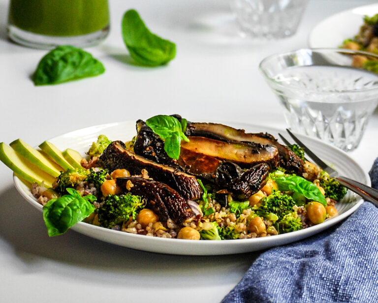 Portobello, Broccoli, Chickpea and Grain Salad with Fresh Lemon Basil Dressing