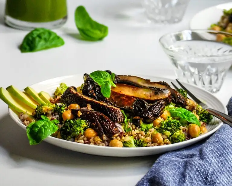 Portobello, Broccoli, Chickpea and Grain Salad with Fresh Lemon Basil Dressing