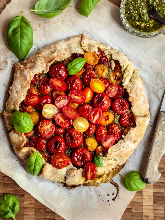 Vegan Cherry Tomato Galette with Pesto and Cashew Cheese