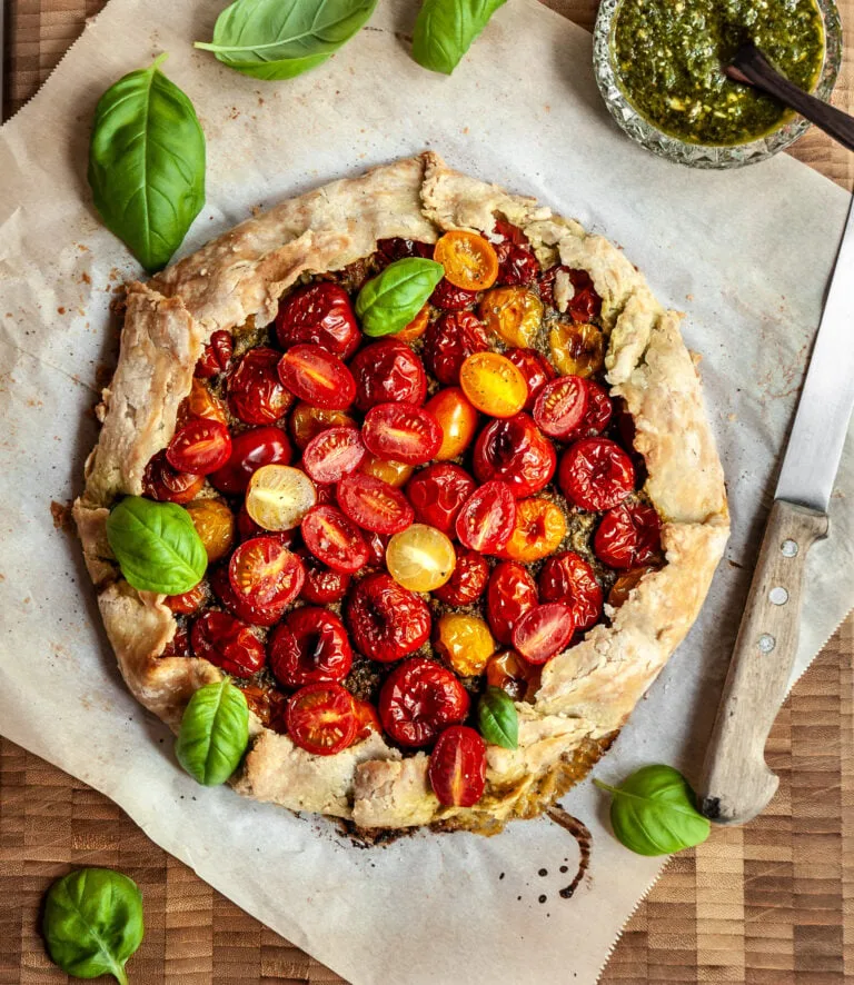 Vegan Cherry Tomato Galette with Pesto and Cashew Cheese