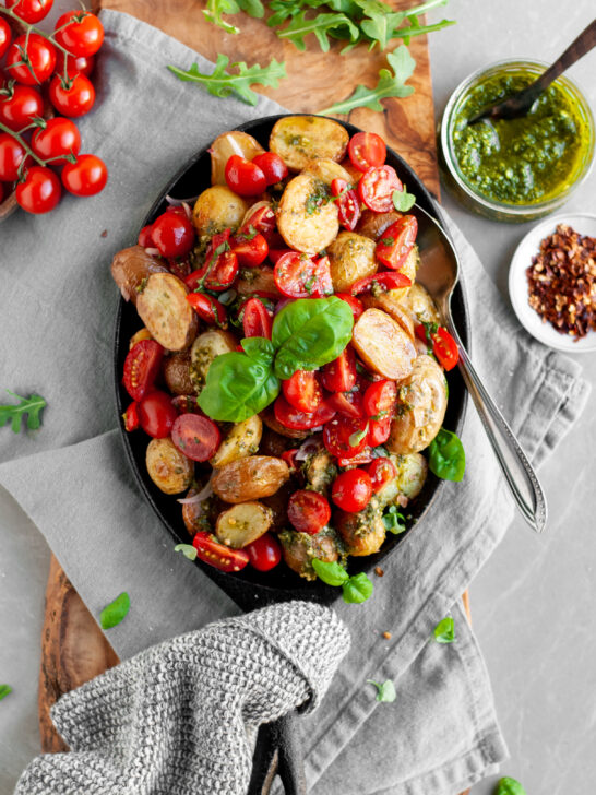 Roasted Baby Potatoes with Basil Pesto and Cherry Tomato Bruschetta