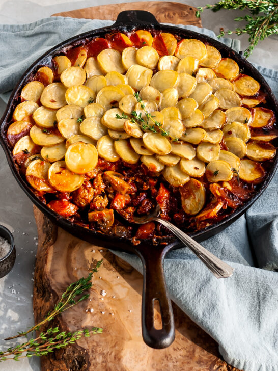 Vegan Savory Skillet Stew with Baby Potato Topping