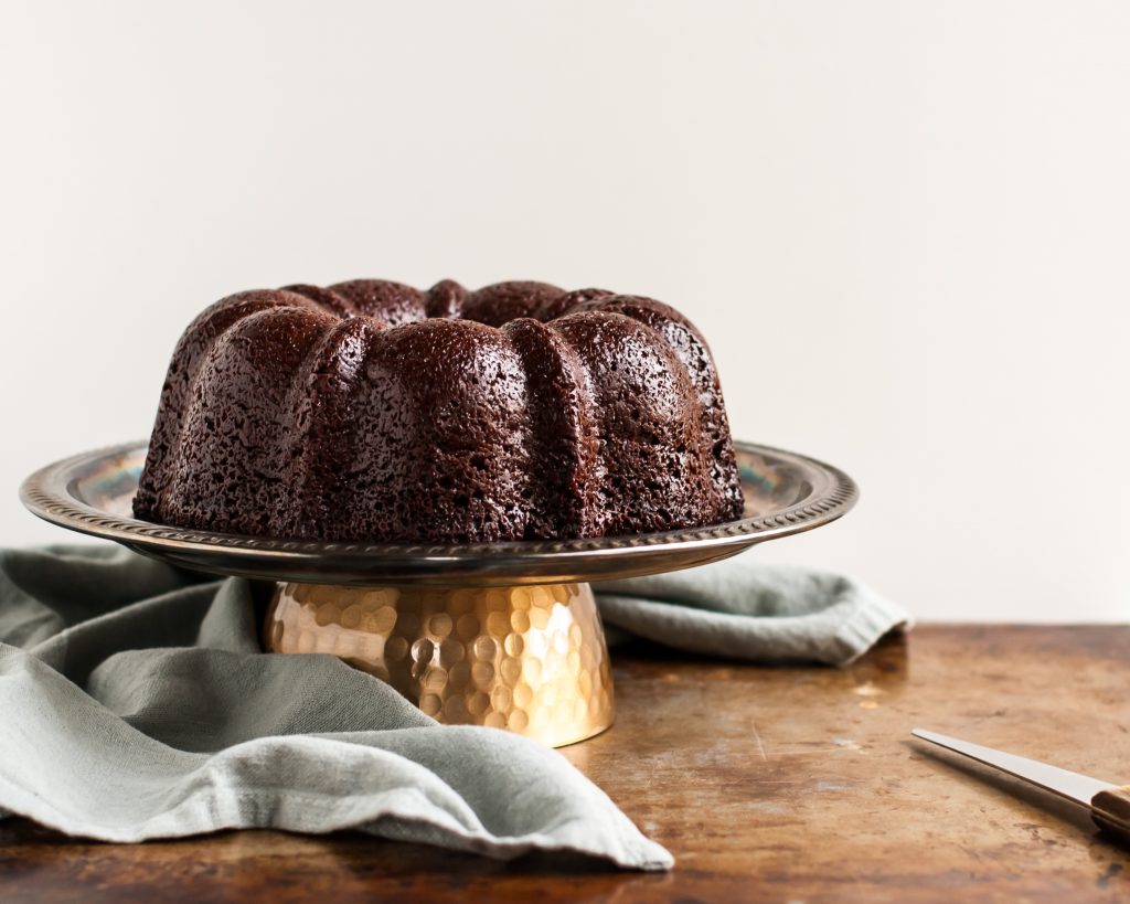 Vegan Chocolate Bundt Cake just before peanut butter glaze is poured over