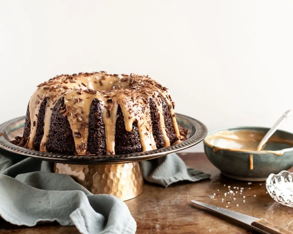Vegan Chocolate Bundt Cake with Salted Peanut Butter Glaze before being sliced
