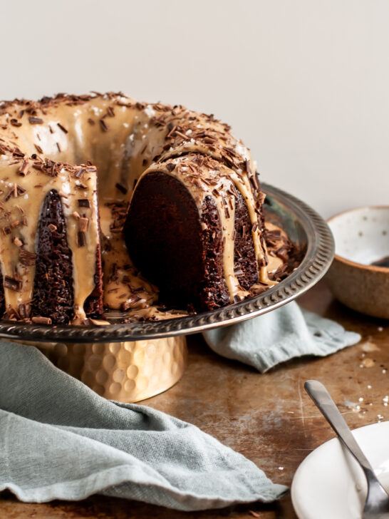 Vegan Chocolate Bundt Cake with Salted Peanut Butter Glaze