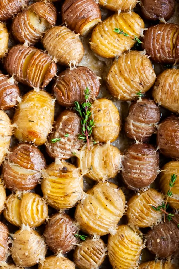 Close up of baby hassleback potatoes in cream sauce garnished with fresh thyme