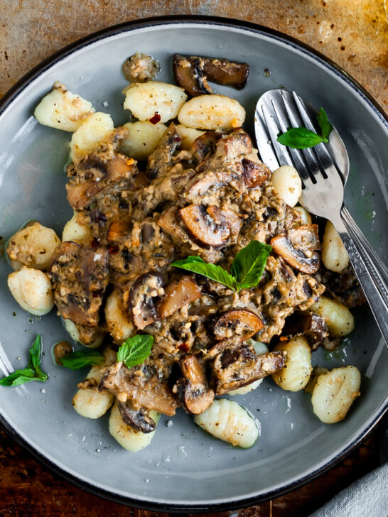 Pan-Fried Gnocchi and Seared Mushrooms with Cashew Butter Pesto Sauce