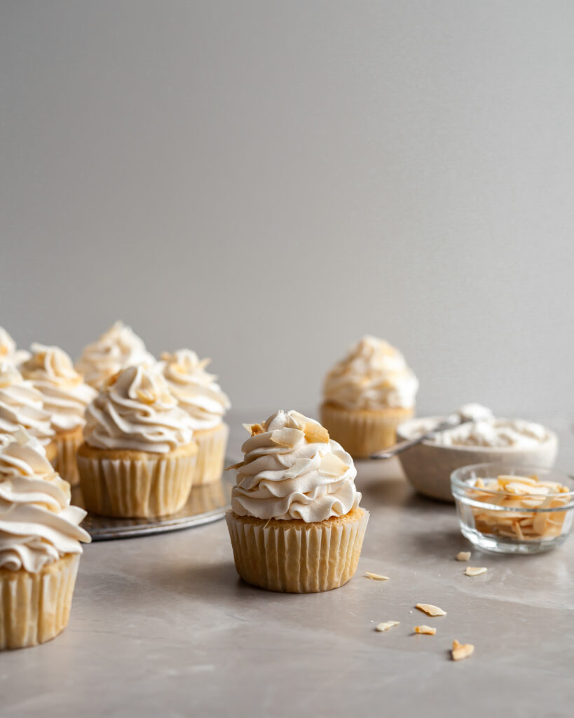 Vegan Coconut Cream Cupcakes on serving tray