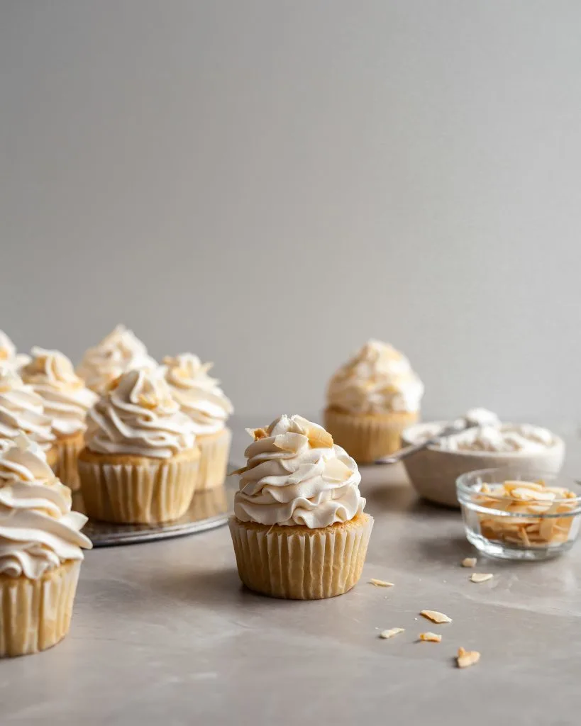 Vegan Coconut Cream Cupcakes on serving tray