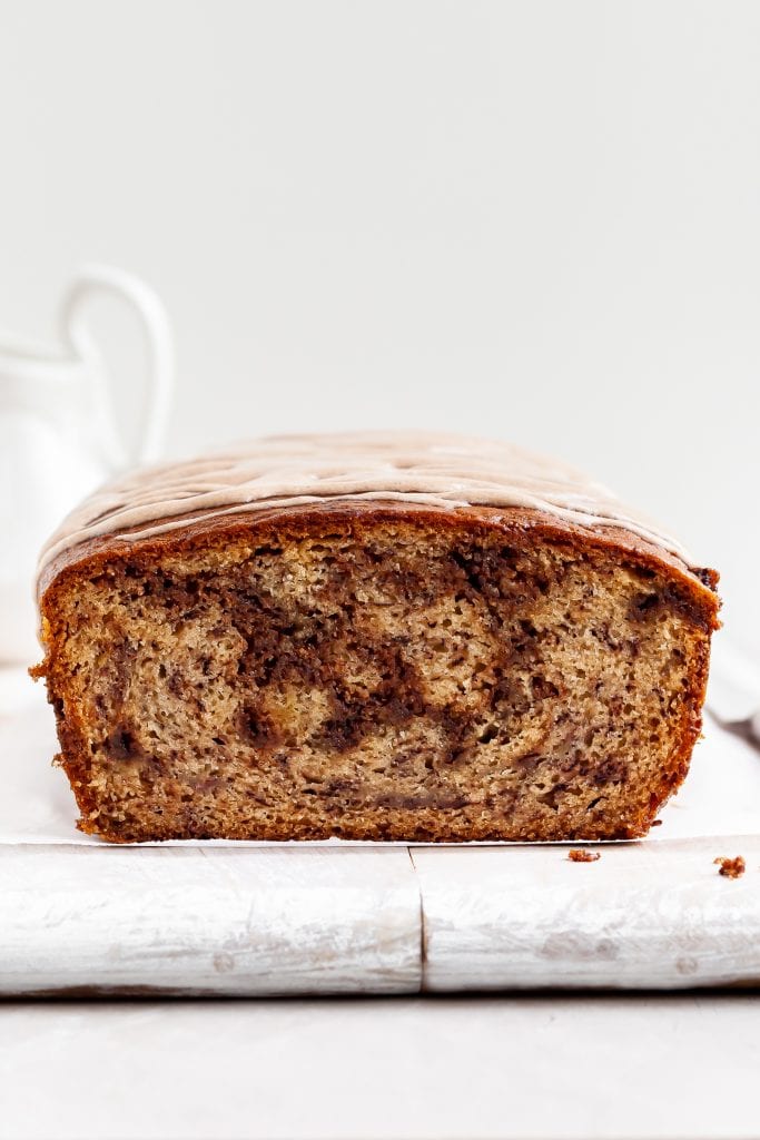 View of first slice from loaf of vegan Cinnamon Swirl Banana Bread