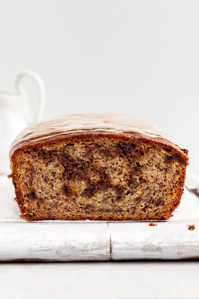 View of first slice from loaf of vegan Cinnamon Swirl Banana Bread