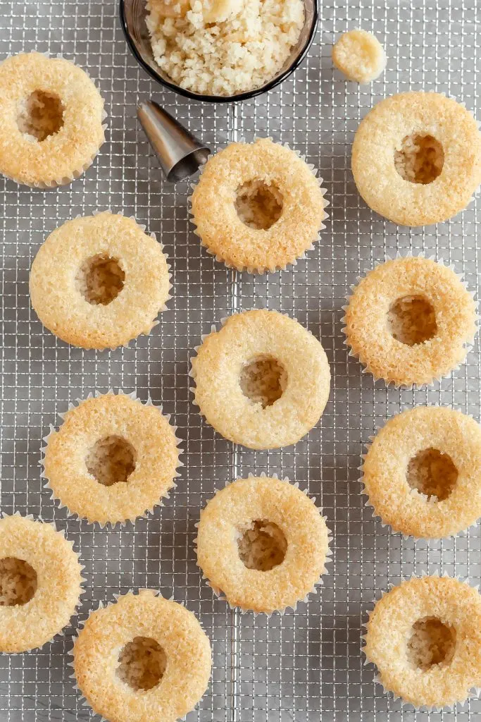 Vegan Coconut Cream Cupcakes with centers removed, ready for custard filling