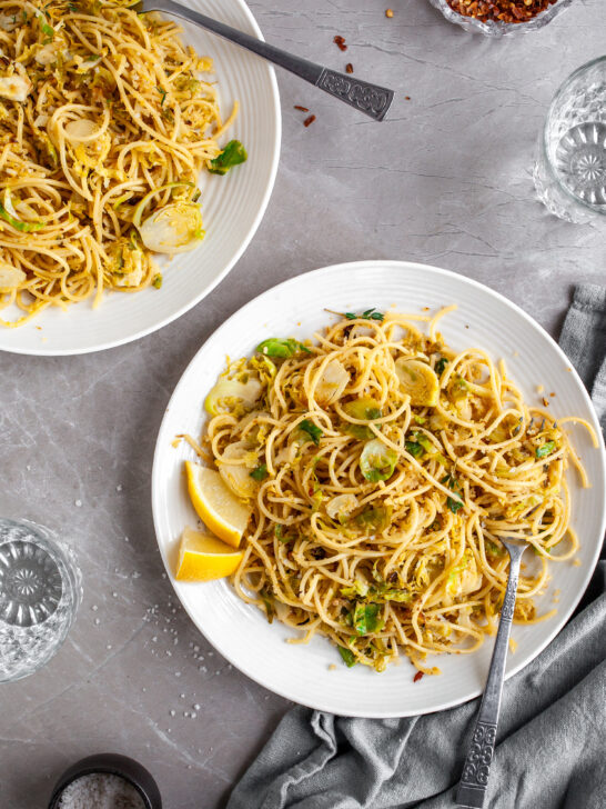 15 Minute Garlicky Breadcrumb Pasta with Shredded Brussels Sprouts