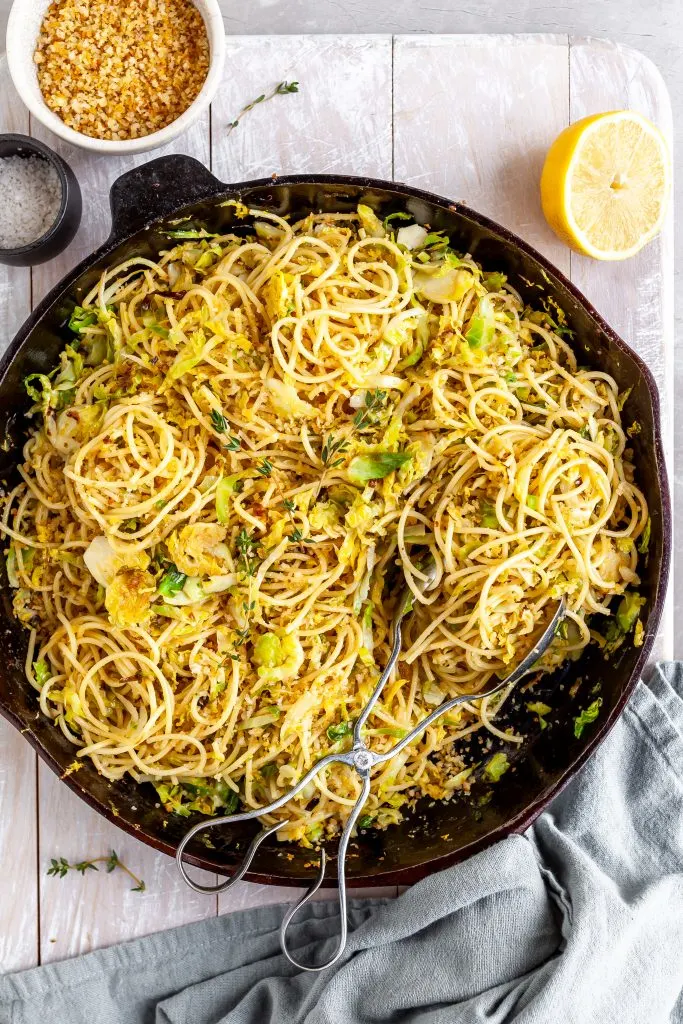 15 Minute Garlicky Breadcrumb Pasta with Shredded Brussels Sprouts 