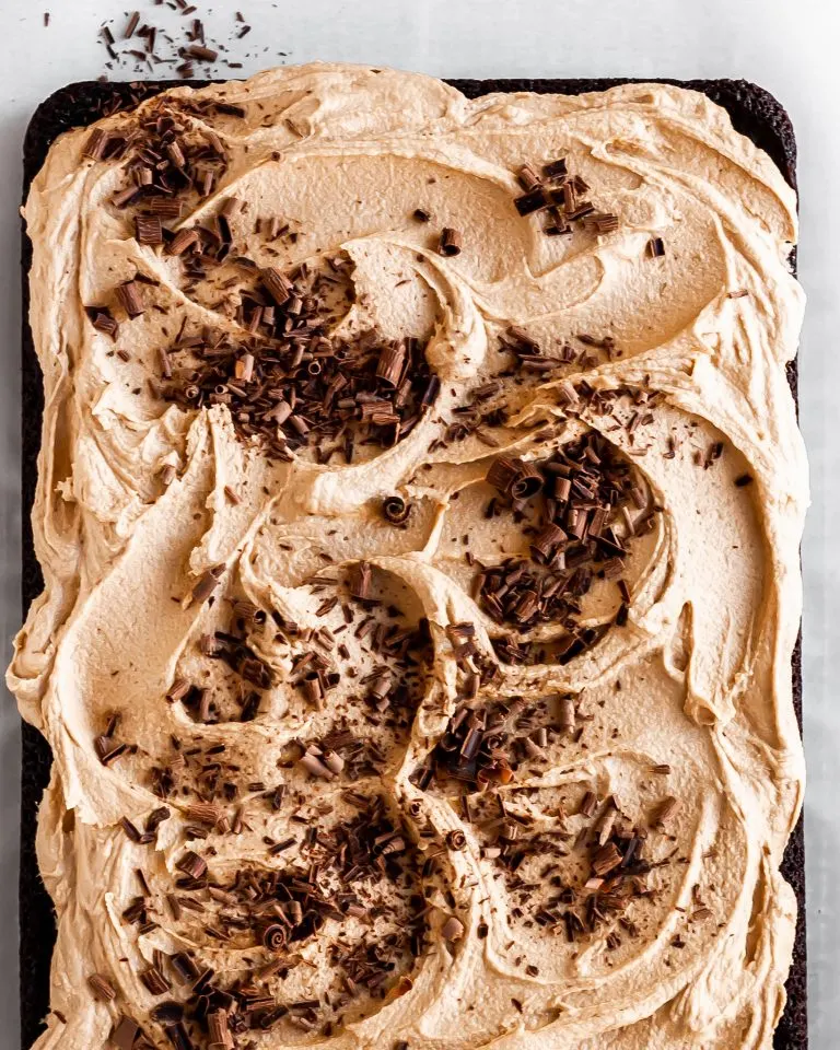 Vegan Chocolate Cake with Fluffy Espresso Buttercream garnished with chocolate shavings