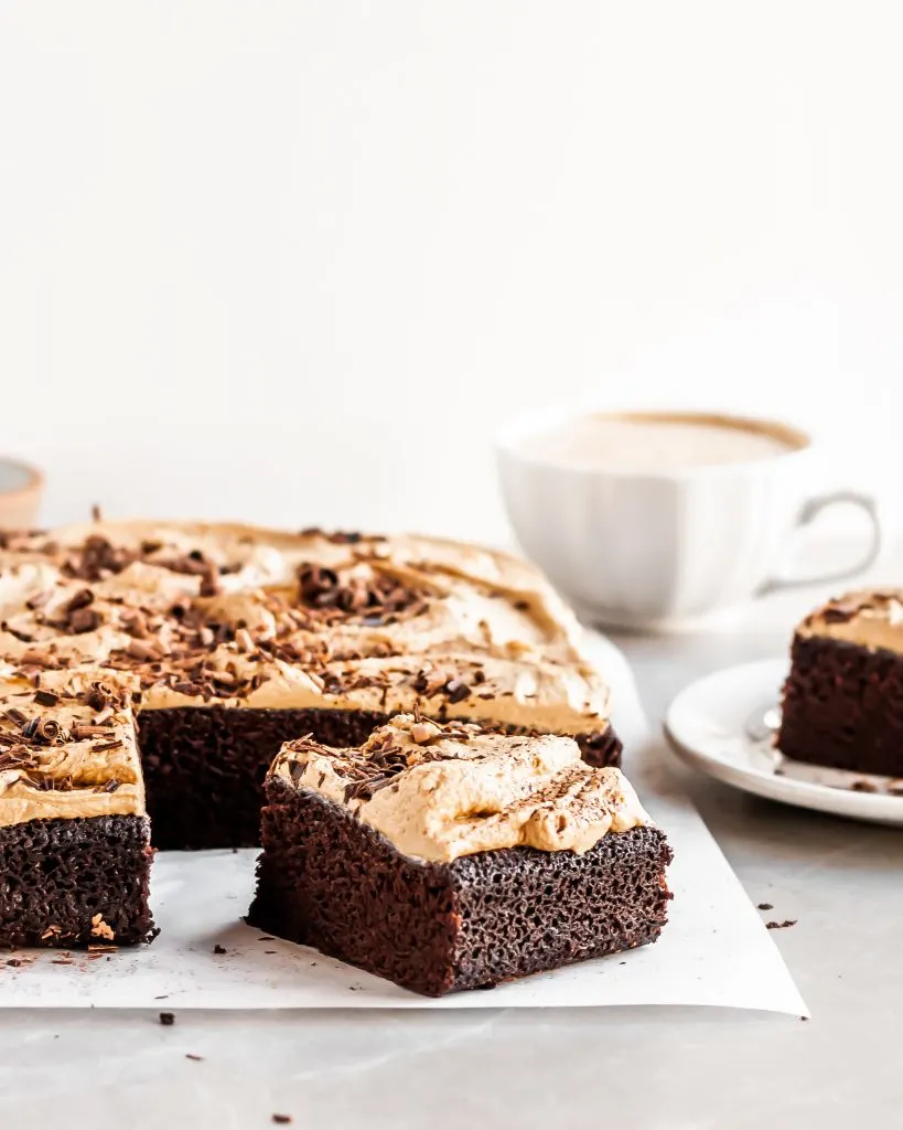 Vegan Chocolate Cake with Fluffy Buttercream Frosting served with a latte
