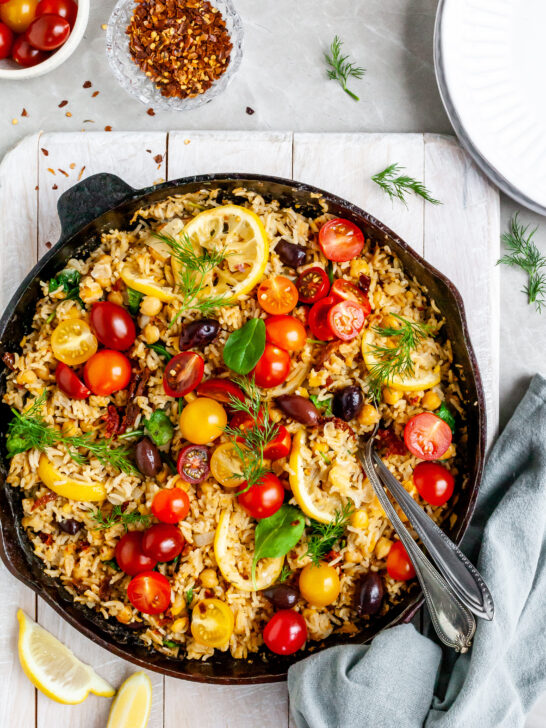 One-Skillet Baked Greek Lemon Chickpeas and Rice