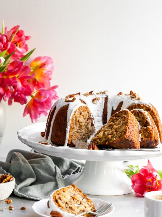 Vegan Hummingbird Bundt Cake with Vanilla Glaze
