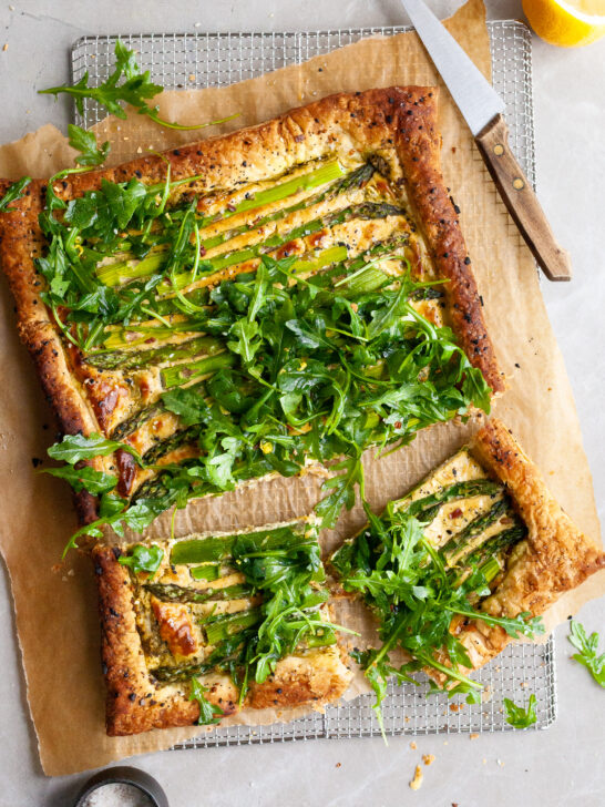 Asparagus and Pesto Cashew Cheese Tart with Lemon Arugula