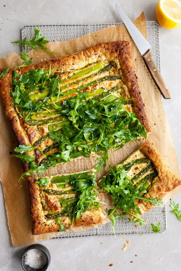 Asparagus and Pesto Cashew Cheese Tart with Lemon Arugula