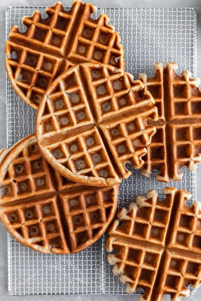 Fresh Vegan Banana Waffles on a cooling rack, ready to be served