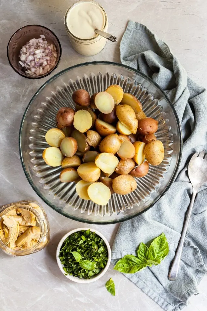 Ingredients for the Creamy Potato Salad set out in Bowls