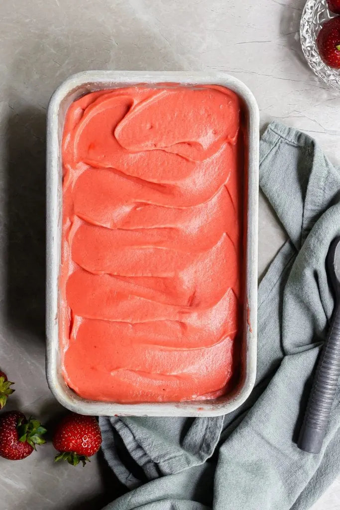 Sorbet swirled in a loaf pan, just before being scooped