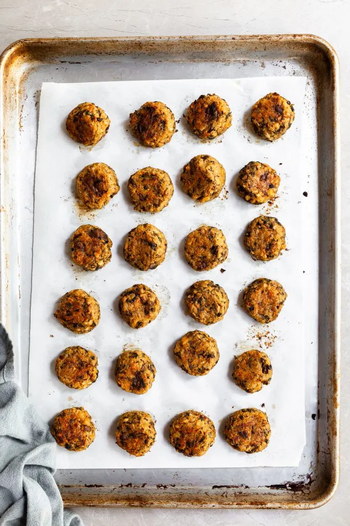 Baking tray of chickpea meatballs