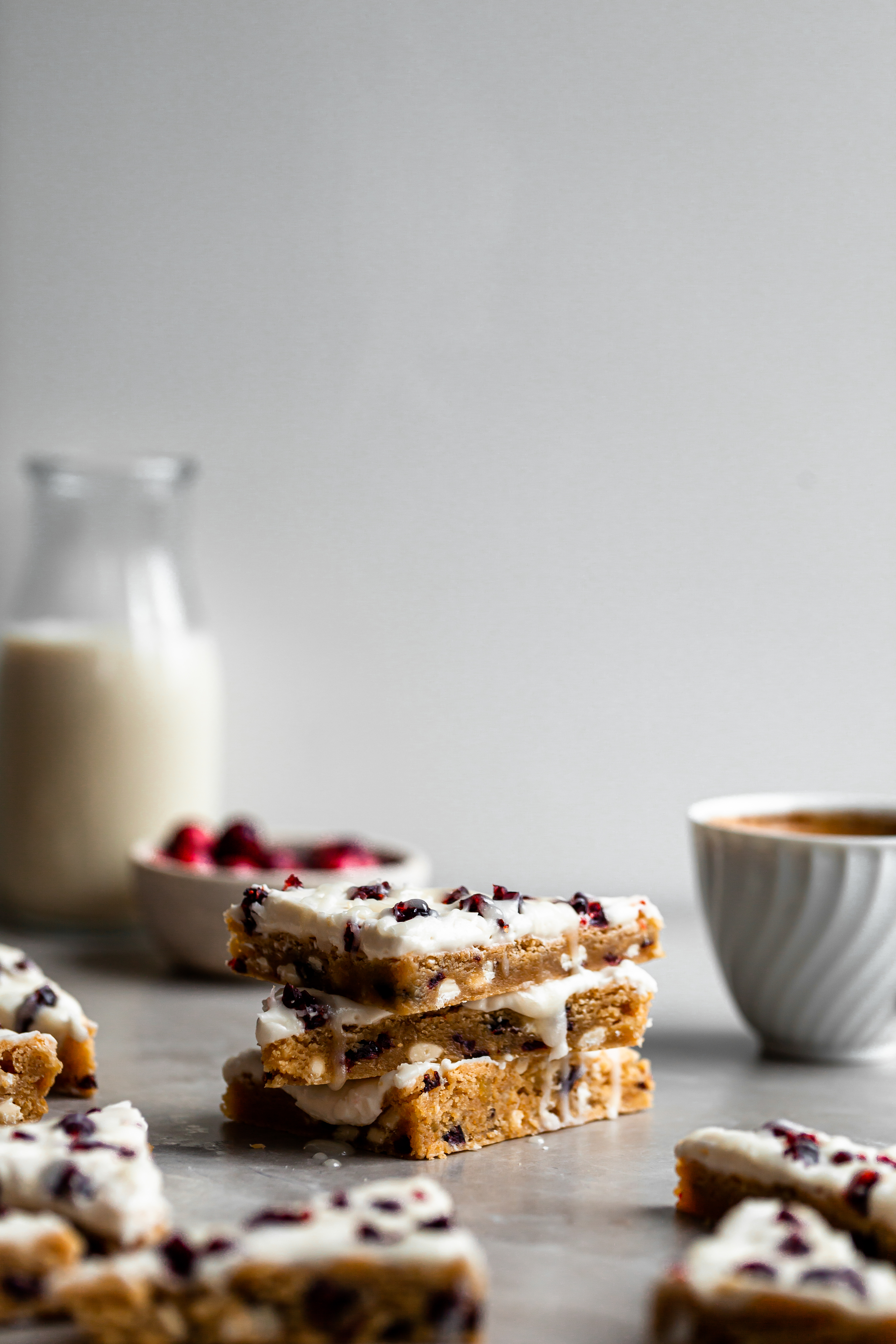 A stack of cranberry bliss bars, side view 