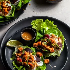 lettuce leaves on a black plate filled with tofu, rice noodles, carrots and drizzled with peanut sauce
