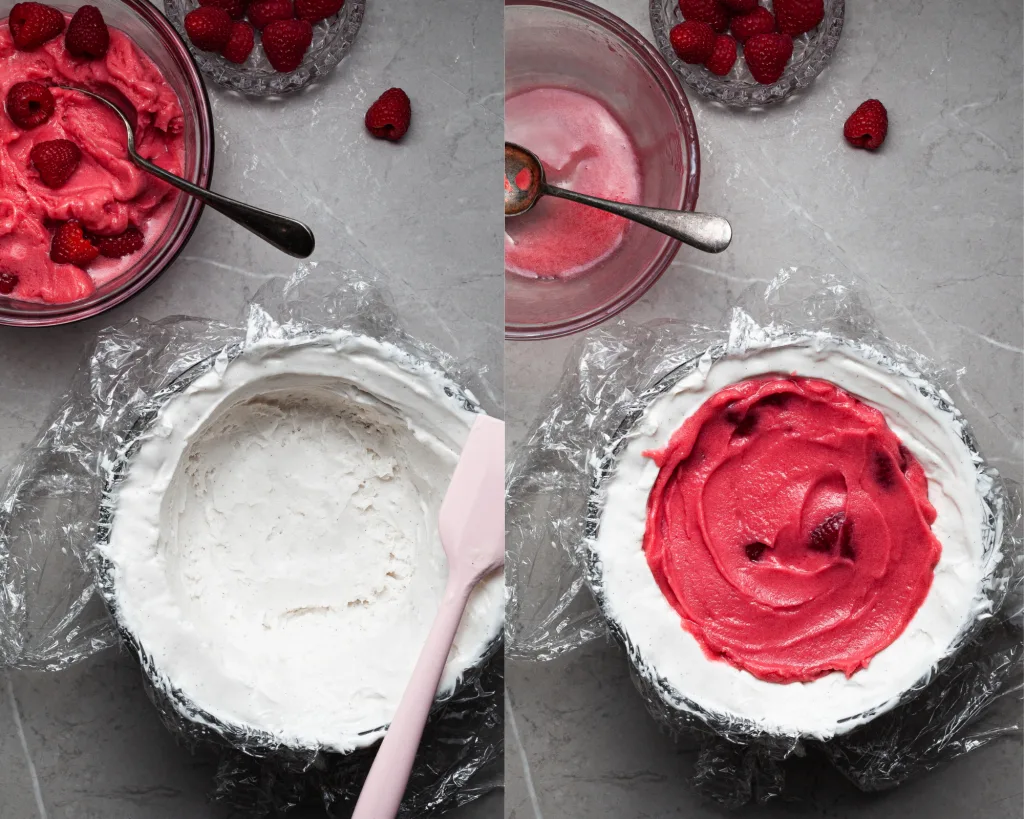 Process of filling a bowl with ice cream and sorbet to create the dome for a baked Alaska. 