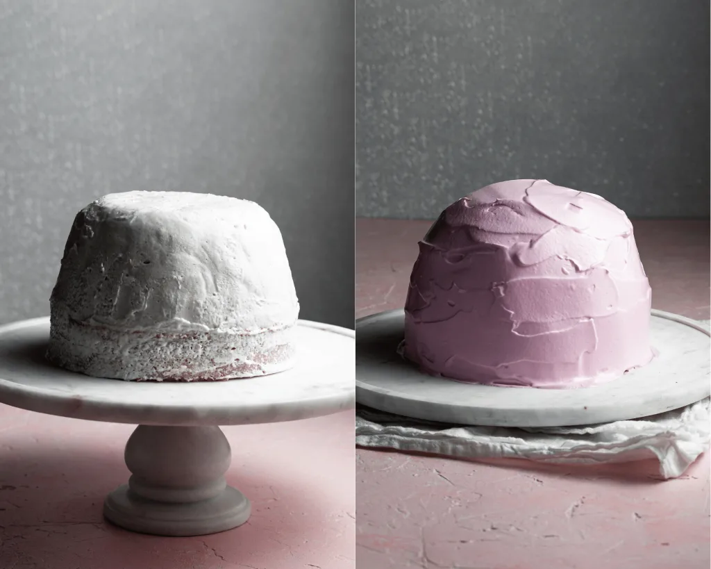 Before and after: first image shows a dome of ice cream over a circle of cake. The second image shows the same dome covered in a a layer of pink meringue