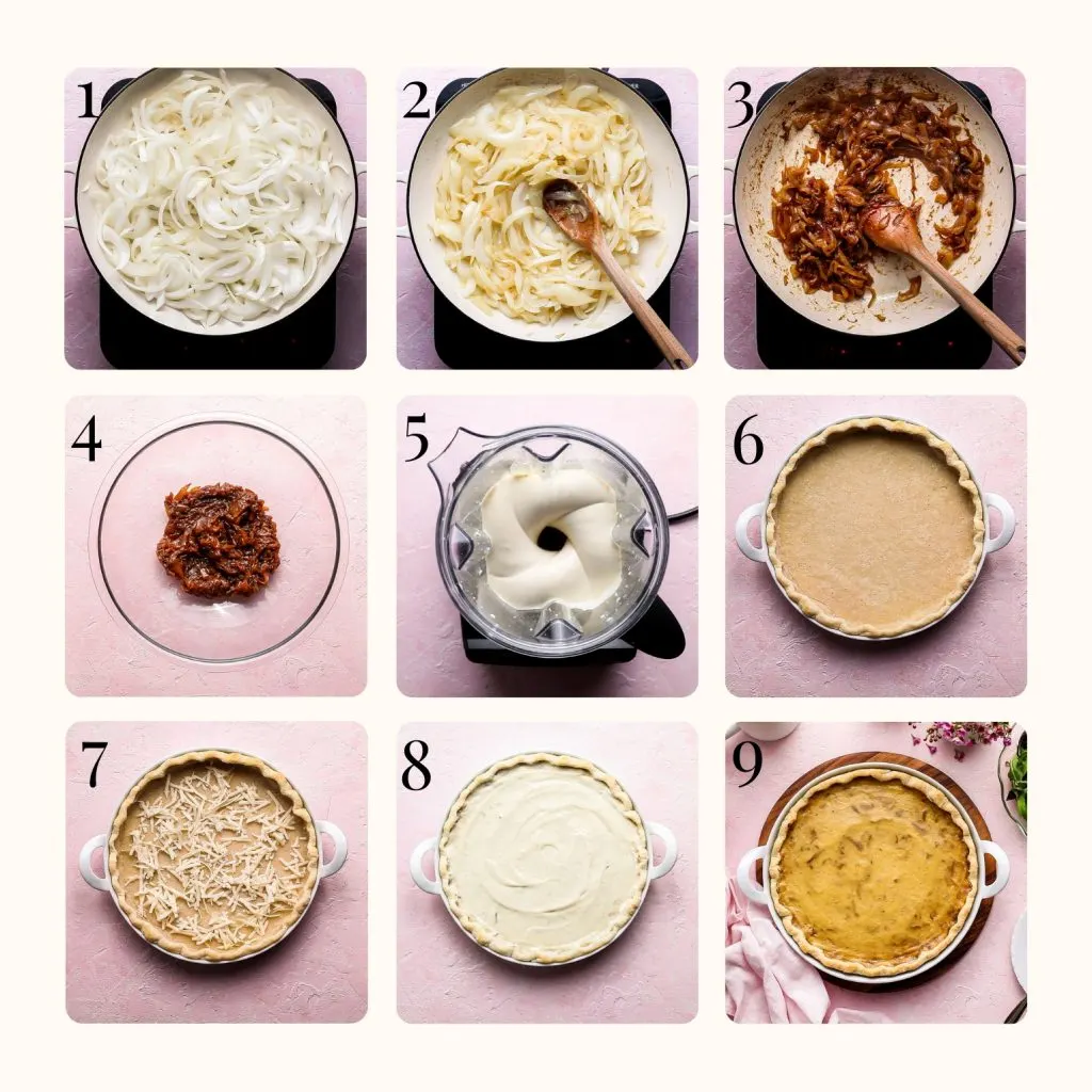 9 images showing the process of making this vegan French onion tart beginning with caramelizing the onions through to what the tart looks like fresh from the oven. 