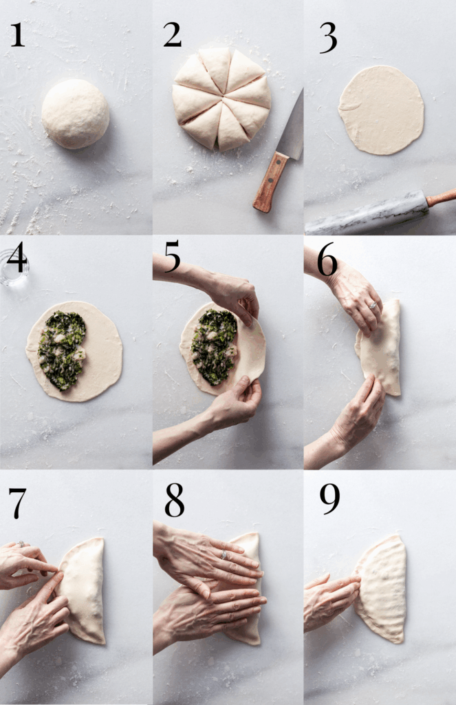 9 step-by-step images showing how to roll, fill, fold and close stuffed flatbread.