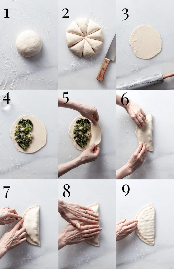 9 step-by-step images showing how to roll, fill, fold and close stuffed flatbread.