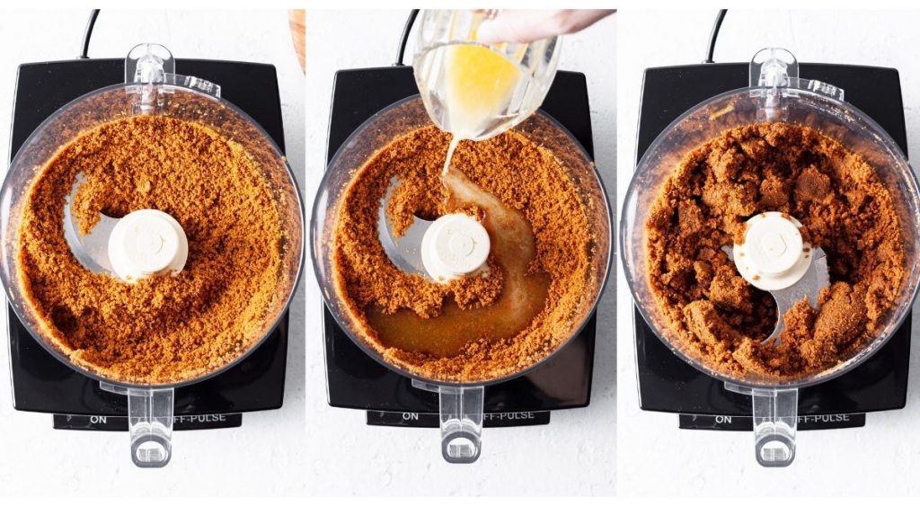 A series of 3 photos showing how the crumbs break down and then mix with other ingredients to create the cookie crumb crust in a food processor. 