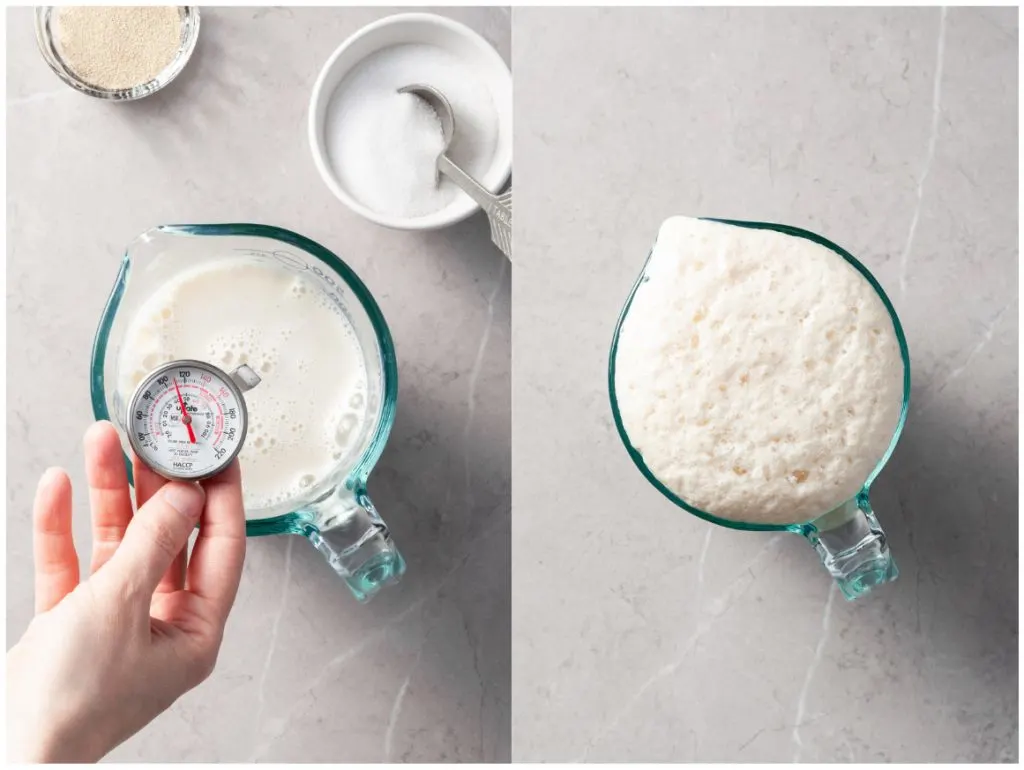 Two images, the first showing a liquid measuring cup filled with milk and a thermometer in it reading 110°F beside a bowl of yeast and a bowl of sugar. The second image is of the same measuring cup but the yeast has proofed and appears high in the cup and bubbly. 