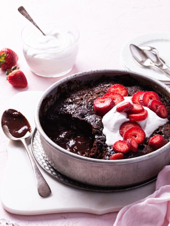 Self-Saucing Chocolate Strawberry Pudding (Vegan)