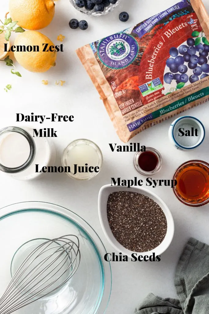 Labelled ingredients needed for the lemon chia pudding and blueberry compote