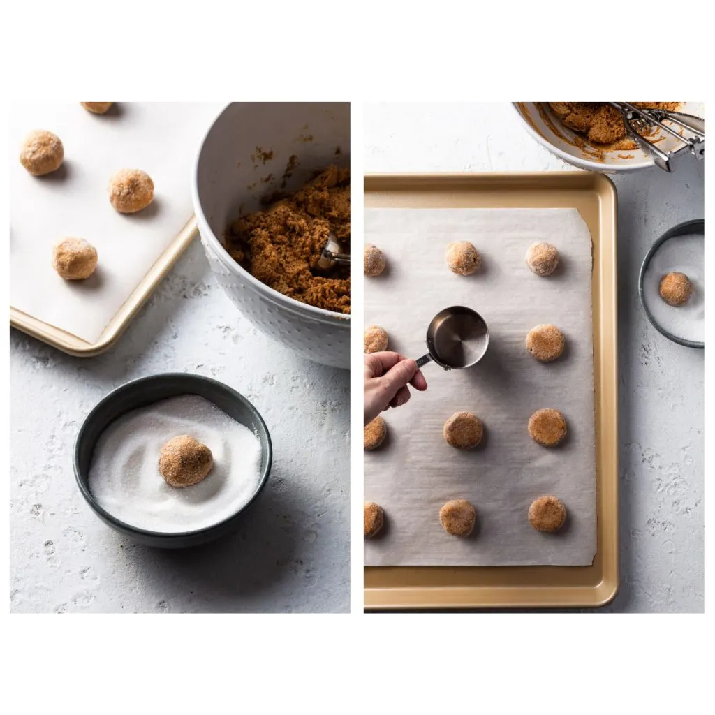 Rolling the molasses cookie dough balls in sugar and then lightly flattening them with the back of a dry measuring cup