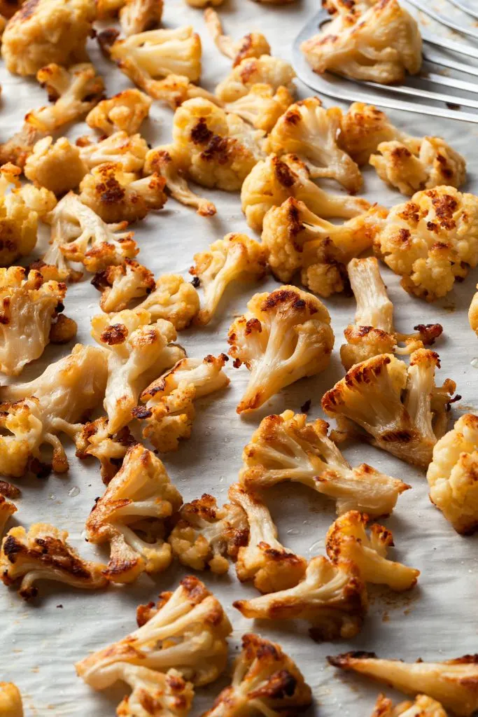 A sheet pan filled with perfectly roasted cauliflower. 