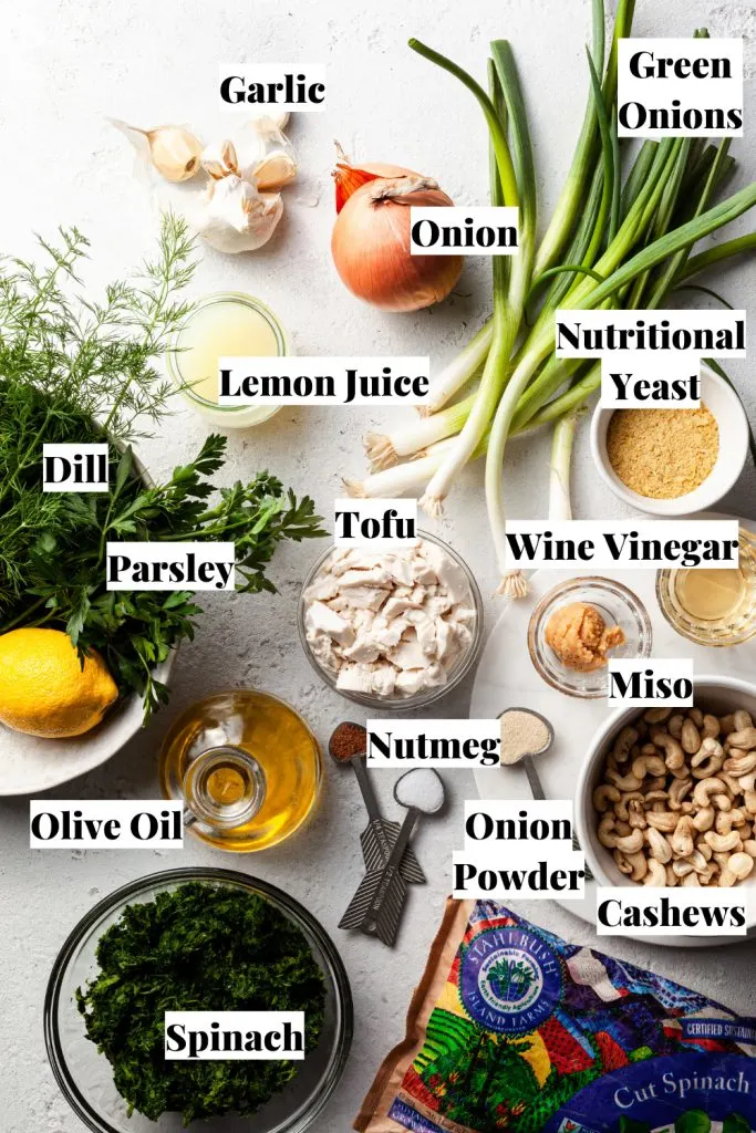All of the ingredients needed for this vegan spanakopita including those for the vegan feta. 
